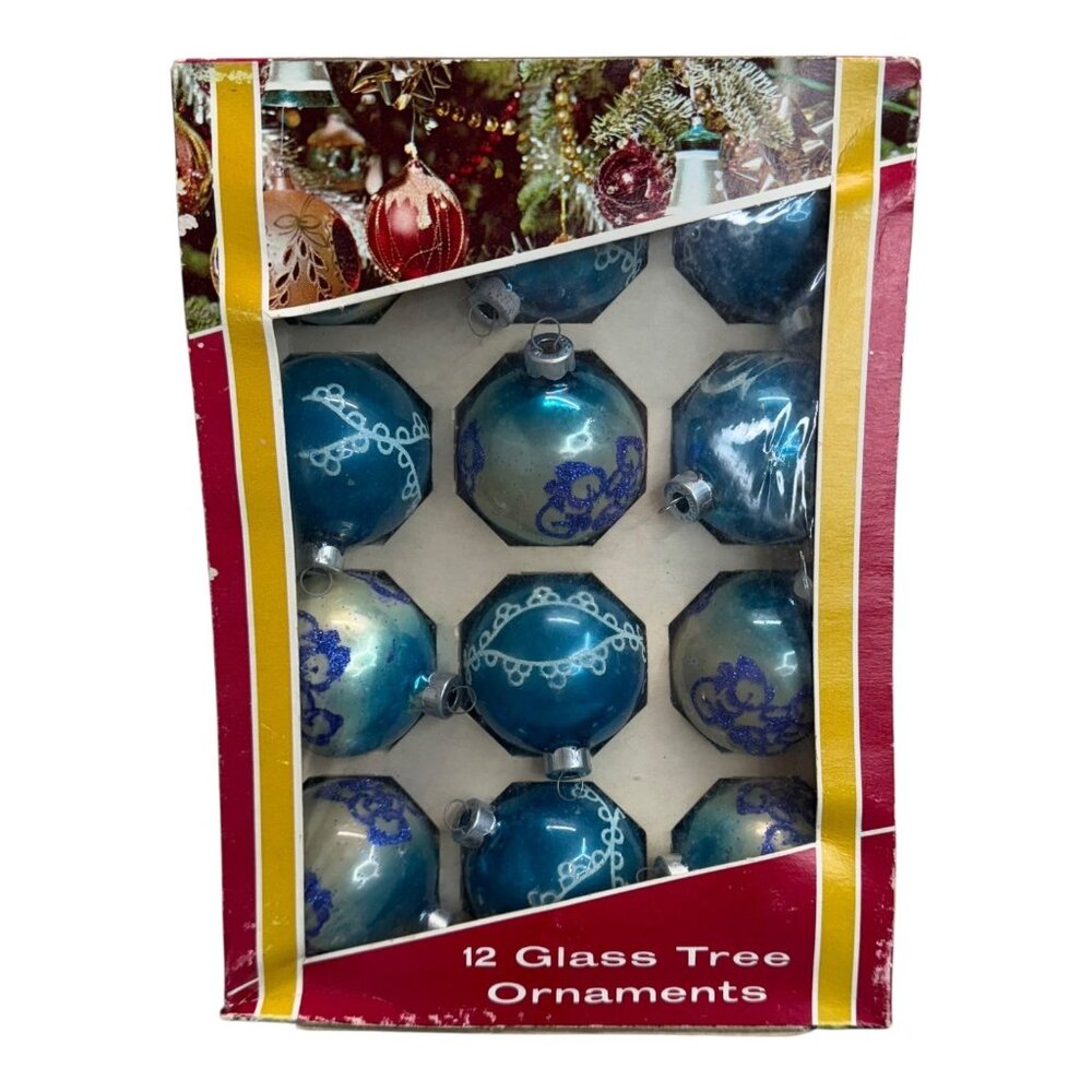Vintage Blue Glass Tree Ornaments Set 12 Bear Stencil Glitter Pattern Made USA